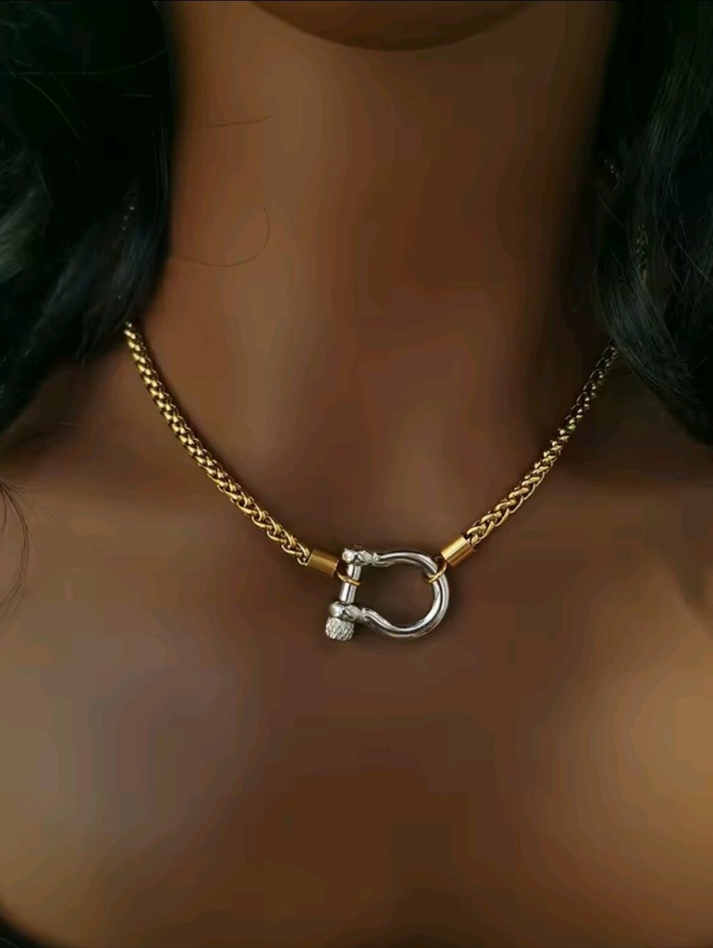 Gold and Silver Two-Tone Chain Necklace with D-Ring - Picture 3 of 12